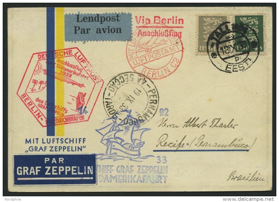 ZULEITUNGSPOST 232B BRIEF, Estland: 1933, 7. Südamerikafahrt, Anschlußflug Ab Berlin, Prachtkarte - Zeppelins