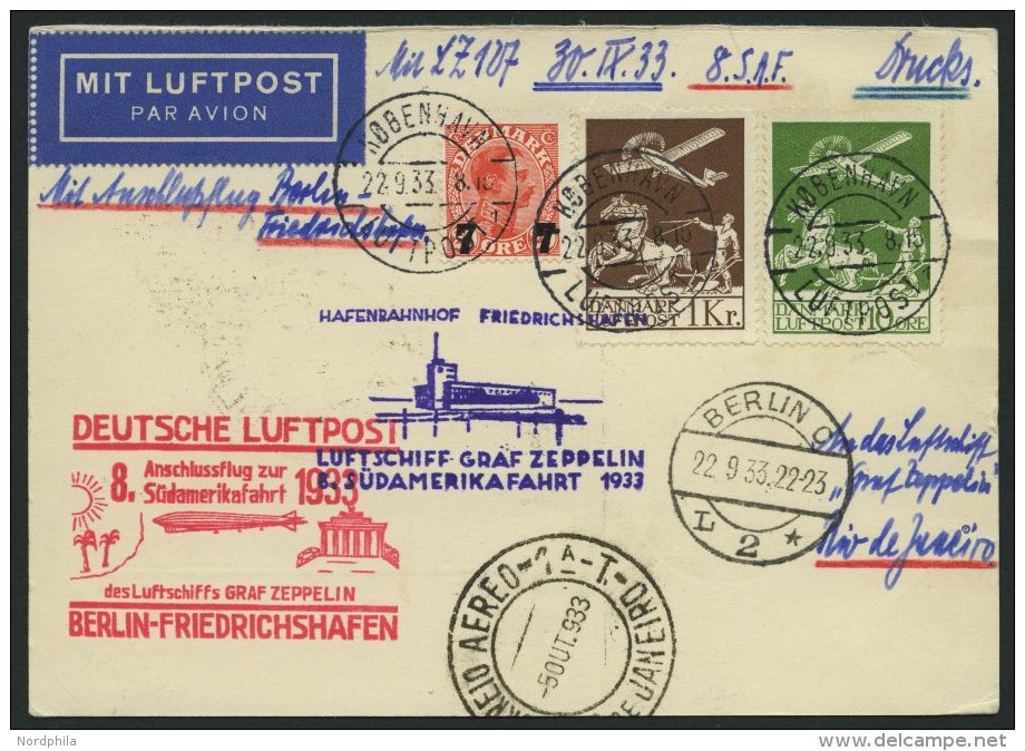 ZULEITUNGSPOST 235B BRIEF, Dänemark: 1933, 8. Südamerikafahrt, Anschlußflug Ab Berlin, Gute Frankatur, D - Zeppelins