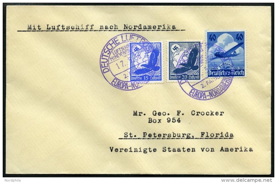 ZEPPELINPOST 410A BRIEF, 1936, 2. Nordamerikafahrt, Violetter Bordpoststempel, Prachtbrief - Zeppelins