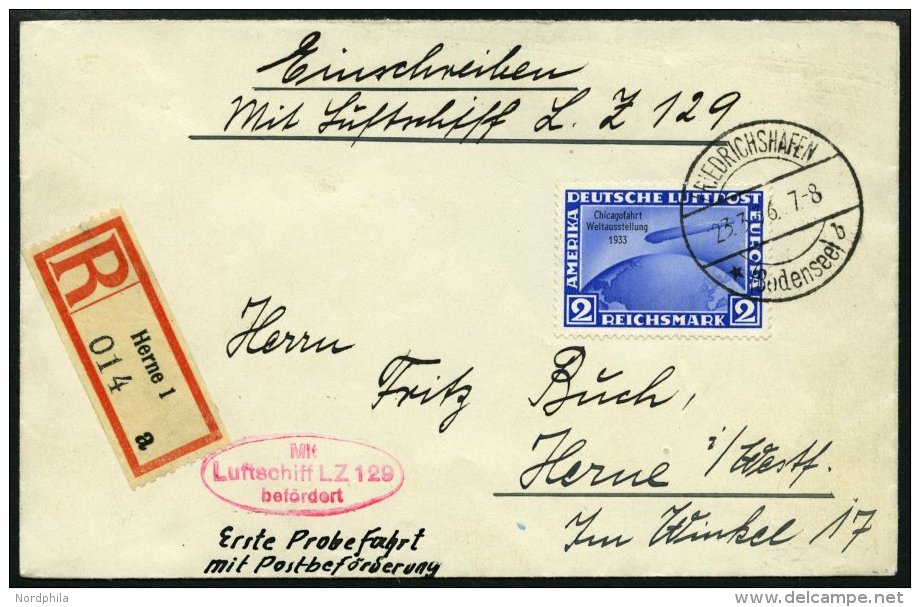 ZEPPELINPOST 401Ab BRIEF, 1936, 1. Postfahrt Hindenburg, Auflieferung Fr`hafen, Einschreibbrief Mit 2 RM Chicagofahrt, P - Zeppelins