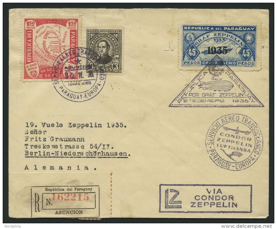 ZEPPELINPOST 343 BRIEF, 1935, 3. Pendelfahrt, Paraguayische Post, Einschreibbrief, Zeppelinmarke Mit Interessantem Platt - Zeppelins