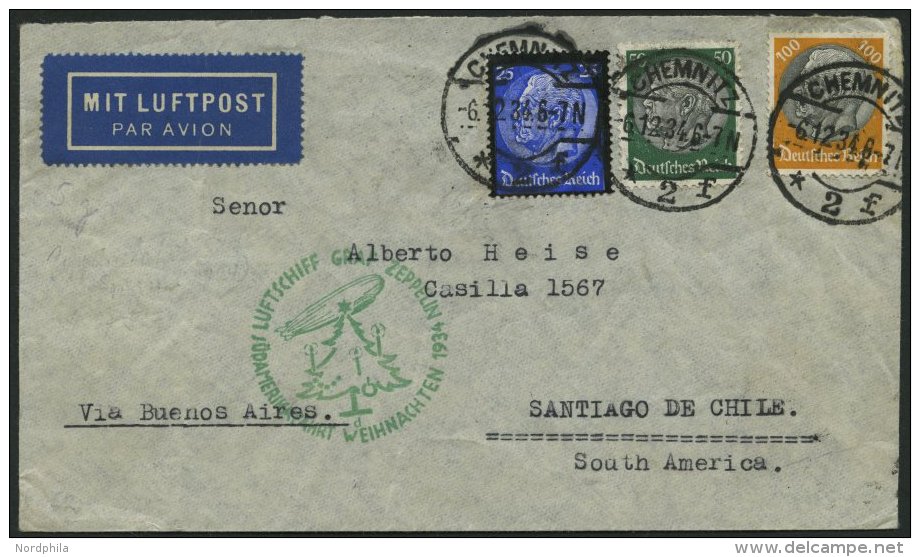 ZEPPELINPOST 286Abb BRIEF, 1934, 12. Südamerikafahrt, Bordpost, Bedarfsbrief Nach Chile, Feinst - Zeppelins