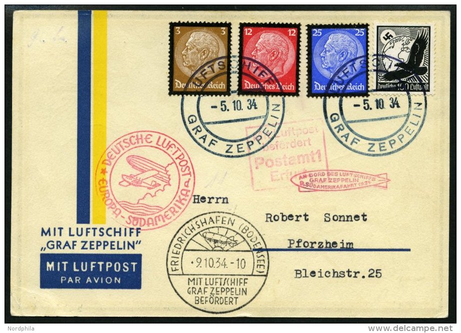 ZEPPELINPOST 277D BRIEF, 1934, 9. Südamerikafahrt, Bordpost Der Rückfahrt Und Bordstempel, Prachtkarte - Zeppelins