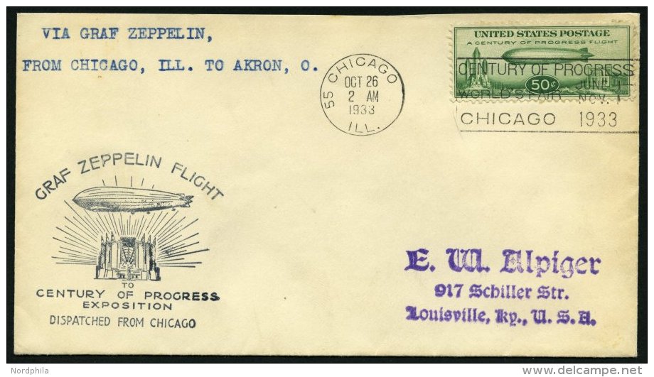 ZEPPELINPOST 244A BRIEF, 1933, Chicagofahrt, US-Post, Chicago-Akron, Prachtbrief - Zeppelins
