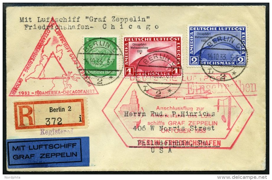 ZEPPELINPOST 238E BRIEF, 1933, Chicagofahrt, Anschlussflug Ab Berlin, Einschreibbrief Mit 1 Und 2 RM Chicagofahrt, Prach - Zeppelin