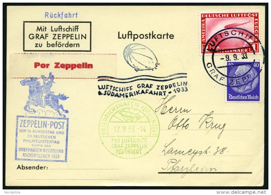 ZEPPELINPOST 229D BRIEF, 1933, 6. Südamerikafahrt, Mit Zusätzlichem Stempel Aschersleben, Prachtkarte - Zeppelins