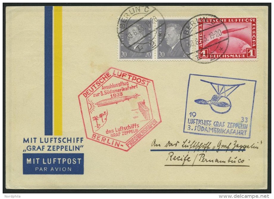 ZEPPELINPOST 219B BRIEF, 1933, 3. Südamerikafahrt, Anschlussflug Berlin, Frankiert Mit 1 RM, Prachtkarte - Zeppelins