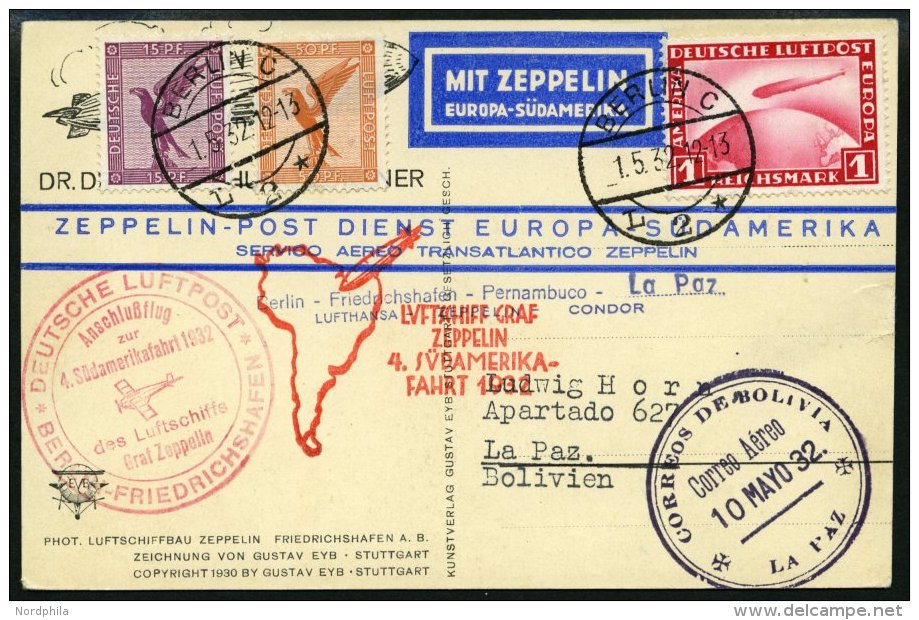 ZEPPELINPOST 157B BRIEF, 1932, 4. Südamerikafahrt, Anschlußflug Berlin, Prachtkarte - Zeppelin