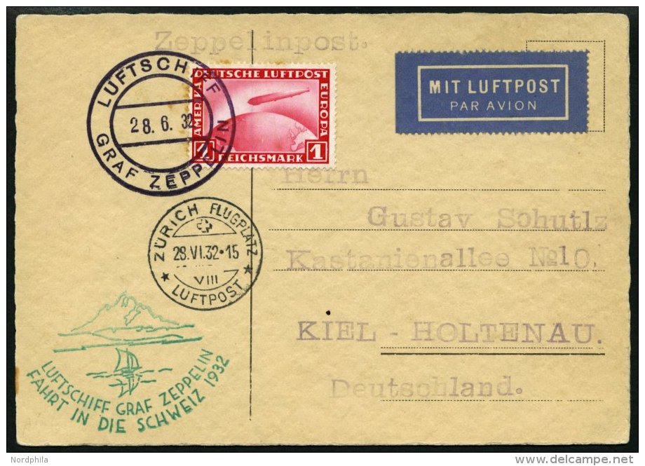 ZEPPELINPOST 166b BRIEF, 1932, Schweizfahrt, Abwurf Zürich, Bordpost, Karte Feinst (Marke Etwas Fleckig) - Zeppelins