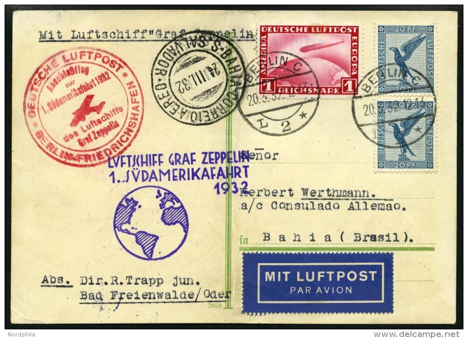 ZEPPELINPOST 138B BRIEF, 1932, 1. Südamerikafahrt, Anschlussflug Ab Berlin, Bedarfskarte (senkrecht Gefaltet), Mark - Zeppelins