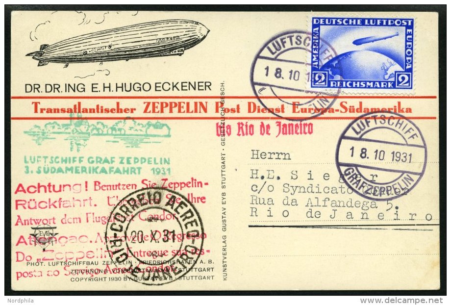 ZEPPELINPOST 133Baa BRIEF, 1931, 3. Südamerikafahrt, Bordpost Der Hinfahrt Mit Rotem Werbestempel, Prachtkarte - Zeppelin