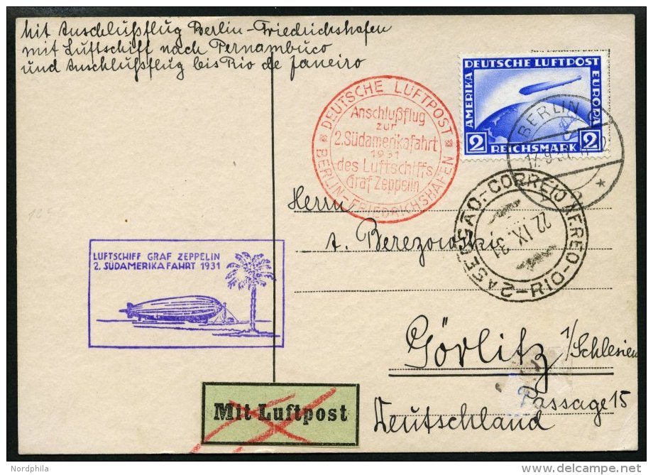 ZEPPELINPOST 129Eb BRIEF, 1931, 2. Südamerikafahrt, Anschlußflug Ab Berlin Bis Brasilien, Prachtkarte - Zeppelin