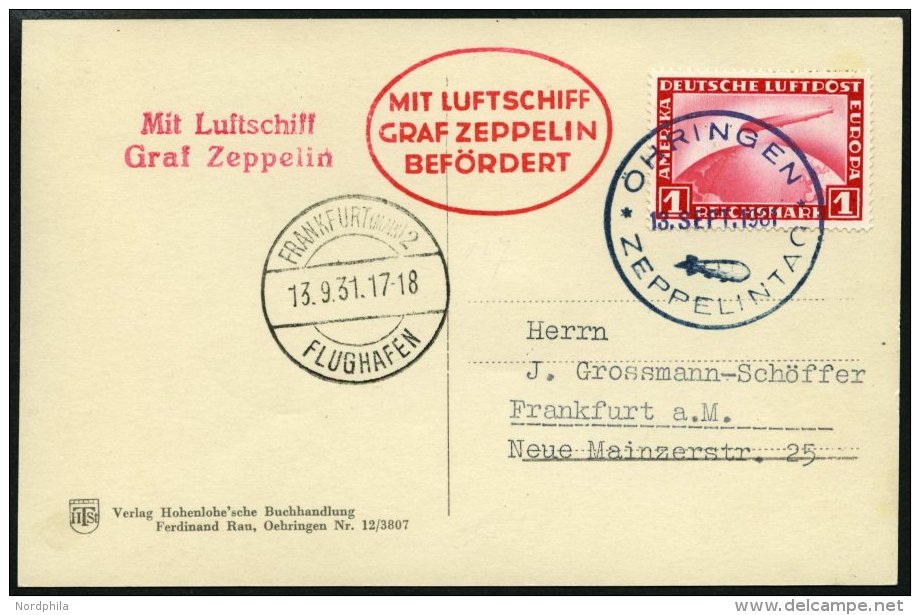 ZEPPELINPOST 128A BRIEF, 1931, Fahrt Öhringen-Frankfurt, Prachtkarte - Zeppelins