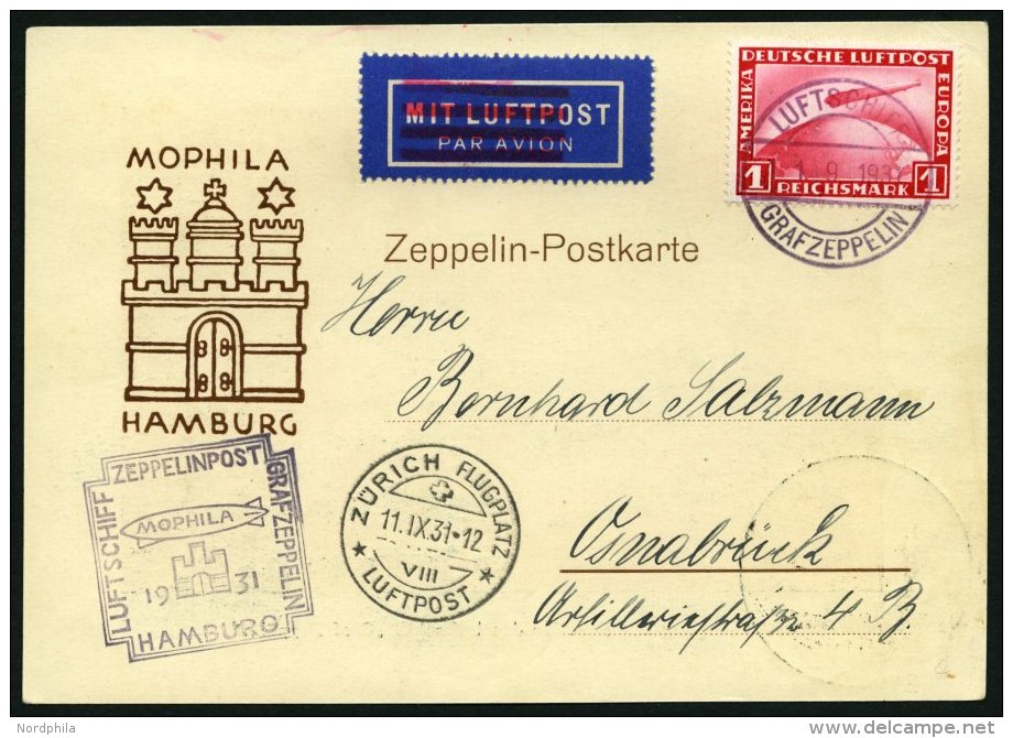 ZEPPELINPOST 127B BRIEF, 1931, Zürichfahrt, Bordpost Mit Zusatzstempel In Type I Auf Sonderkarte Der Mophila Hambur - Zeppelin