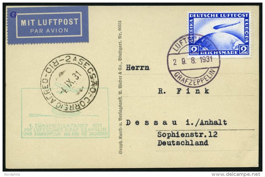 ZEPPELINPOST 124Cb BRIEF, 1931, 1. Südamerikafahrt, Bis Rio De Janeiro, Bordpost, Prachtkarte - Zeppelins