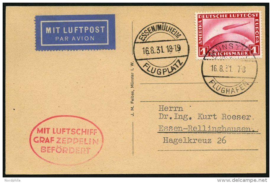 ZEPPELINPOST 121E BRIEF, 1913, Fahrt Münster-Essen, Prachtkarte - Zeppelins