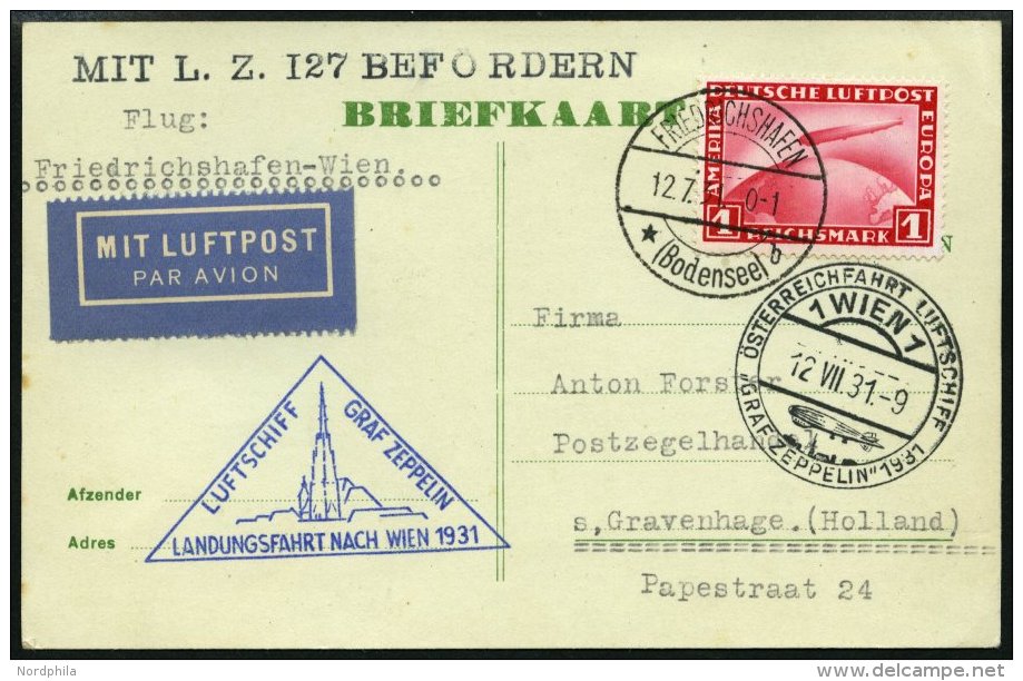 ZEPPELINPOST 116A BRIEF, 1931, Österreichfahrt, Post Nach Wien, Auflieferung Fr`hafen, Prachtkarte - Zeppelins