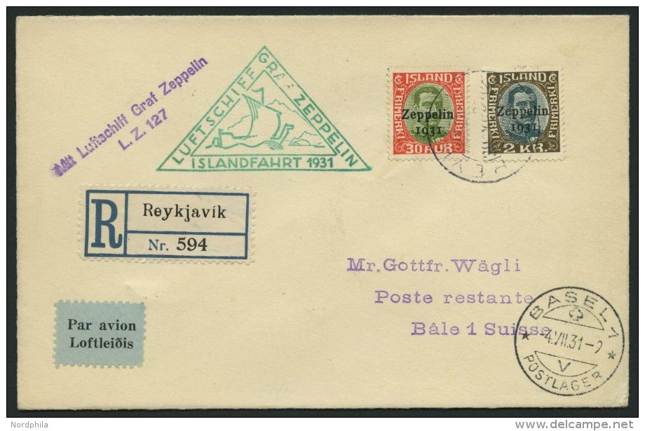 ZEPPELINPOST 114D BRIEF, 1931, Islandfahrt, Isländische Post, Mit 30 Aur Und 2 Kr., Einschreibbrief In Die Schweiz, - Zeppelins
