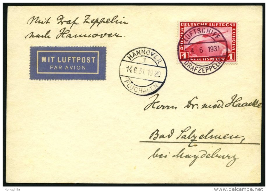 ZEPPELINPOST 111Ab BRIEF, 1931, Fahrt Nach Hannover, Bordpost, Frankiert Mit 1 RM, Prachtkarte - Zeppelin