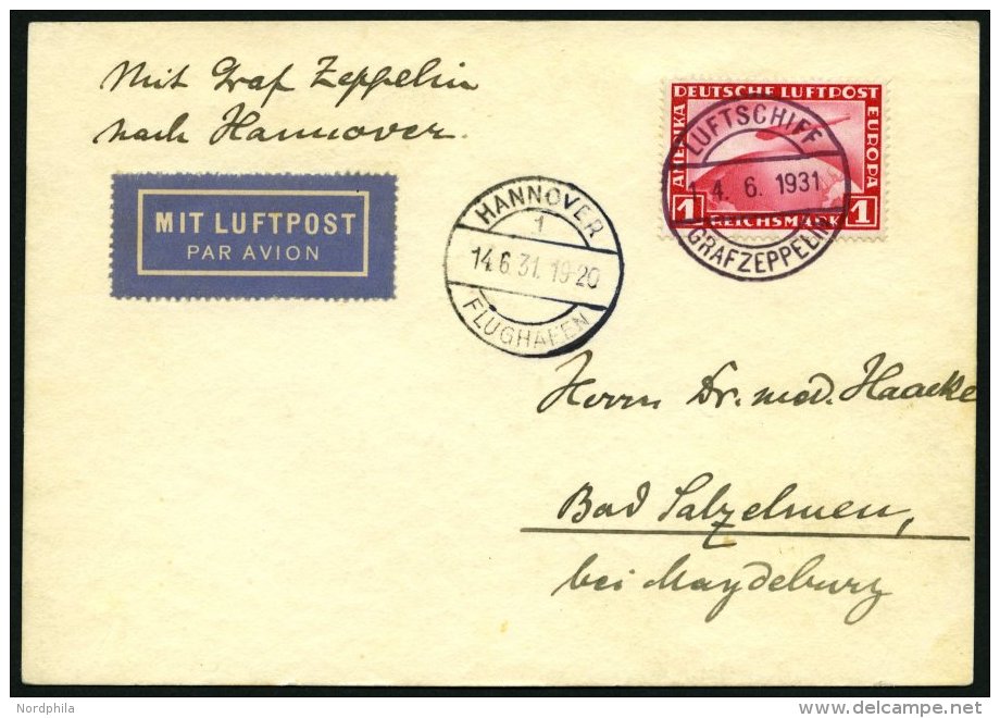 ZEPPELINPOST 111Ab BRIEF, 1931, Fahrt Nach Hannover, Bordpost, Frankiert Mit 1 RM, Prachtkarte - Zeppelins