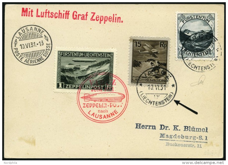 ZEPPELINPOST 110A BRIEF, 1931, Fahrt Nach Vaduz, Frankiert Mit Sondermarke 1 Fr. Und Zusatzfrankatur Auf Prachtkarte - Zeppelins