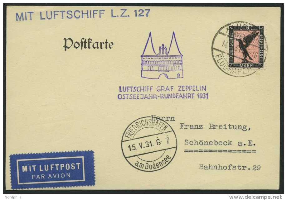 ZEPPELINPOST 108Bg BRIEF, 1931, Ostseejahr-Rundfahrt, Lübeck-Fr`hafen, Frankiert Mit Mi.Nr. 382, Prachtkarte - Zeppelins