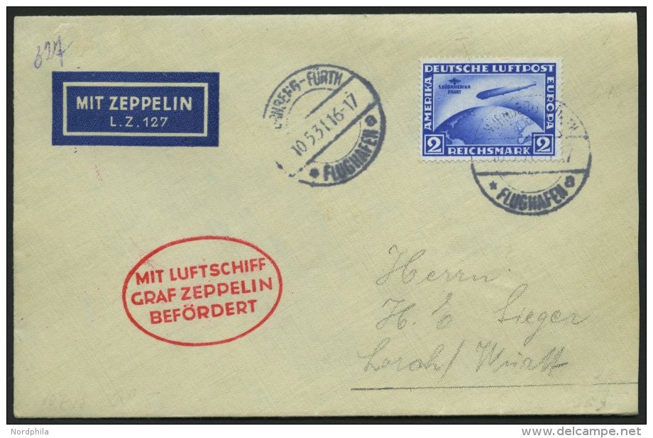 ZEPPELINPOST 107Da BRIEF, 1931, Fahrt Nürnberg-Friedrichshafen, Auflieferung Nürnberg, Frankiert Mit 2 RM S&uu - Zeppelins