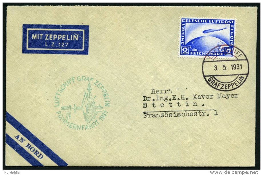 ZEPPELINPOST 106Ab BRIEF, 1931, Pommernfahrt, Bordpost Nach Stettin, Frankiert Mit 2 RM, Prachtbrief - Zeppelins