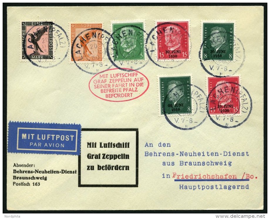 ZEPPELINPOST 75D BRIEF, 1930, Pfalzfahrt, Laachen-Fr`hafen, Prachtbrief - Zeppelins