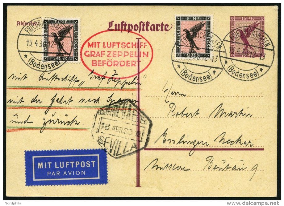 ZEPPELINPOST 52Aa BRIEF, 1930, Spanienfahrt, Auflieferung Fr`hafen, Prachtkarte - Zeppelins