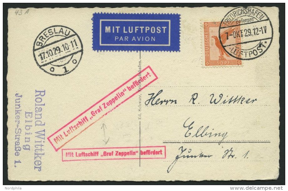 ZEPPELINPOST 43A BRIEF, 1929, Schlesienfahrt, Auflieferung Friedrichshafen, Mit Tagesstempel, Abwurf Breslau, Mit Gro&sz - Zeppelins