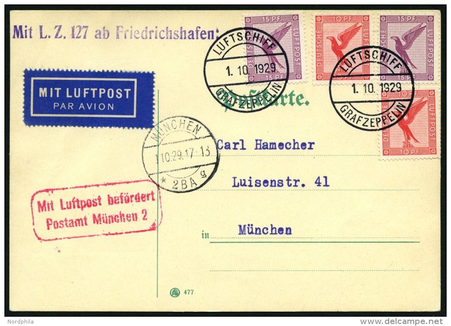 ZEPPELINPOST 38e BRIEF, 1929, Bayernfahrt, Abwurf München, Prachtkarte - Zeppelins