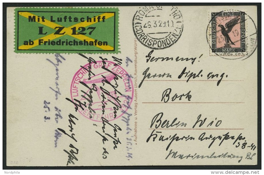 ZEPPELINPOST 23bb BRIEF, 1929, Orientfahrt, Abwurf Rom (CENTRO), Frankiert Mit Einzelfrankatur Mi.Nr. 382, Prachtkarte - Zeppelins