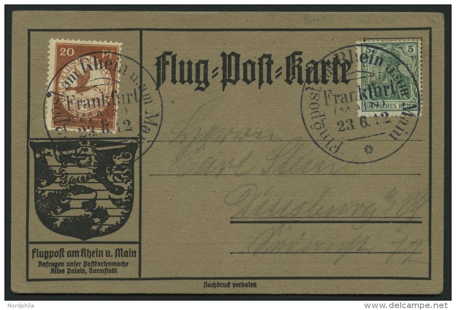 ZEPPELINPOST 15 BRIEF, 1912, 20 Pf. E.EL.P. Auf Flugpost-Sonderkarte Mit 5 Pf. Zusatzfrankatur, Sonderstempel FRANKFURT - Zeppelins