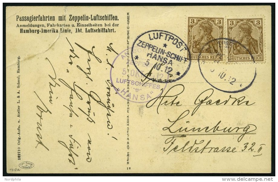 ZEPPELINPOST 6Ia BRIEF, 1912, Luftschiff Hansa, Fahrt Hamburg-Lüneburg-Hamburg Vom 5.10.1912, Mit Bord- Und Bordpos - Zeppelins