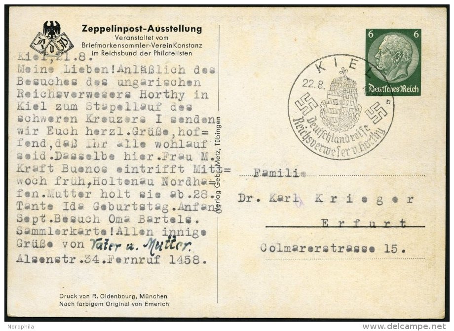 GANZSACHEN PP 127C40 BRIEF, Privatpost: 1938, 6 Pf. Hindenburg Zeppelinpost-Ausstellung, Stempel KIEL REICHSVERWESER V. - Autres & Non Classés