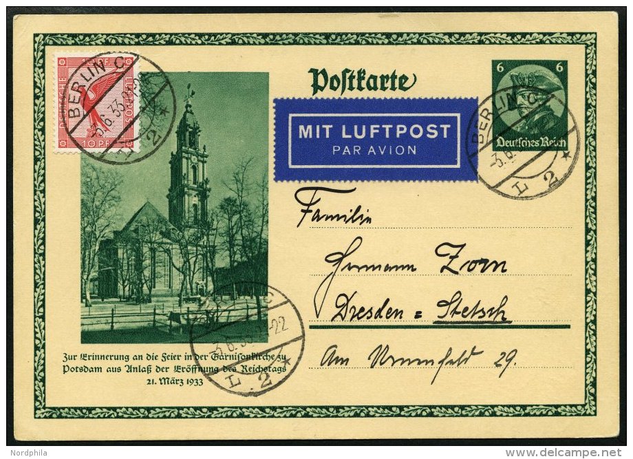 GANZSACHEN P 248 BRIEF, 1933, 6 Pf. Reichstag Mit 10 Pf. Zusatzfrankatur, Luftpostkarte Von BERLIN Nach Dresden, Pracht - Autres & Non Classés