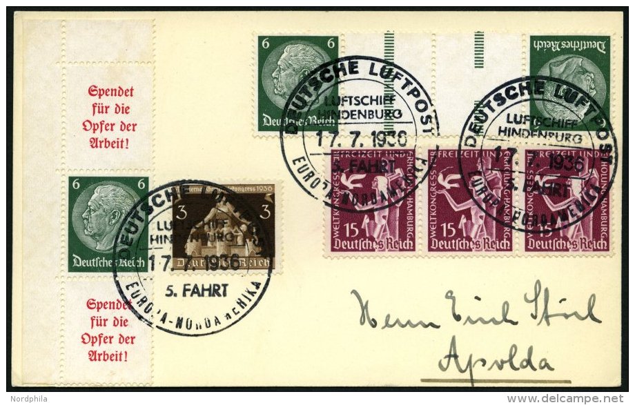 ZUSAMMENDRUCKE S 124 BRIEF, 1936, Hindenburg A5 + 6 + A5 Mit Zusatzfrankatur Auf Zeppelinkarte (Sieger Nr. 423), Pracht - Se-Tenant