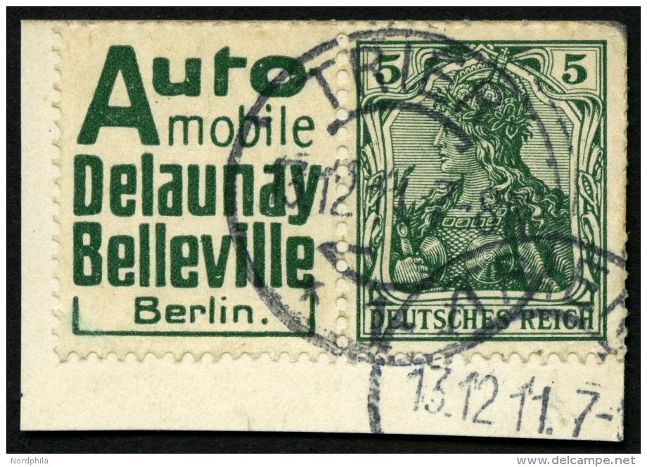 ZUSAMMENDRUCKE W 2.6 BrfStk, 1911, Automobile + 5 Pf. Auf Postkartenabschnitt, Feinst (rechte Obere Ecke Angestoße - Se-Tenant