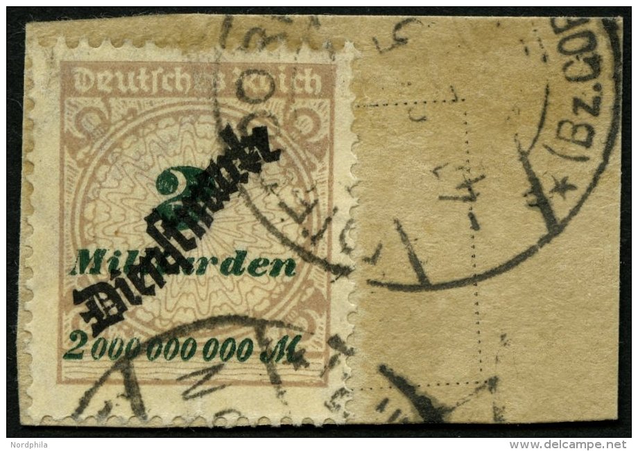 DIENSTMARKEN D 84 BrfStk, 1923, 2 Mrd. M. Mattsiena/schwarzgrün Auf Briefstück, Feinst, Gepr. Peschl, Mi. 150. - Service