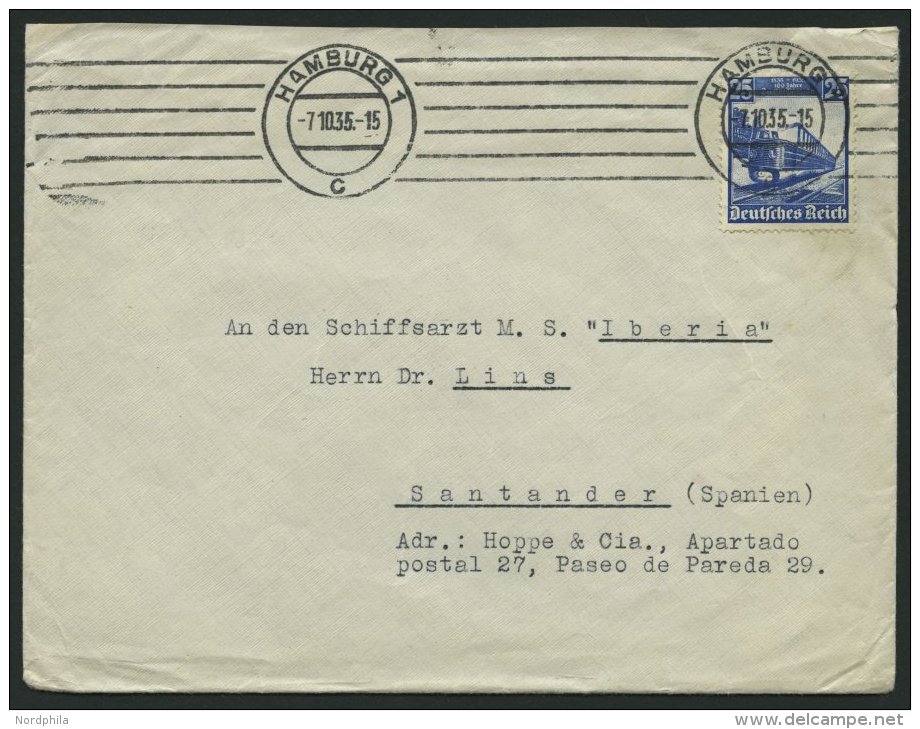 Dt. Reich 582 BRIEF, 1935, 25 Pf. Eisenbahn üblich Gezähnt Als Einzelfrankatur Auf Brief Nach Spanien, Pracht - Oblitérés