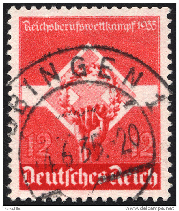 Dt. Reich 572y O, 1935, 12 Pf. Reichsberufswettkampf, Waagerechte Gummiriffelung, Obere Zahnreihe Etwas Stumpf Sonst Pra - Oblitérés