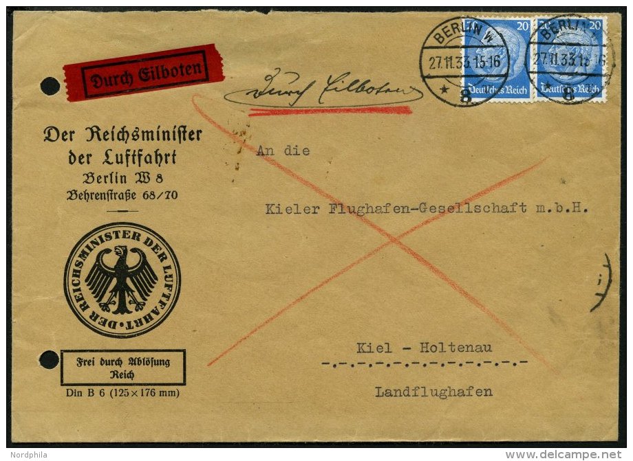 Dt. Reich 489 Paar BRIEF, 1933, 20 Pf. Hindenburg, Wz. 2, 2x Als Seltene Mehrfachfrankatur Auf Eilbrief Des Reichsminist - Oblitérés