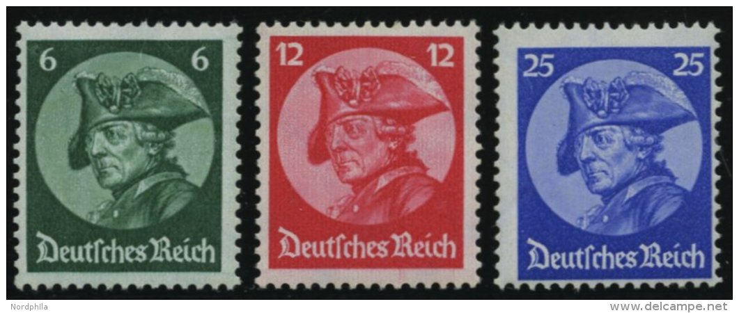 Dt. Reich 479-81 **, 1933, Friedrich Der Große, 25 Pf. Herstellungsbedingter Papiereinschuss, Prachtsatz, Mi. 320. - Oblitérés