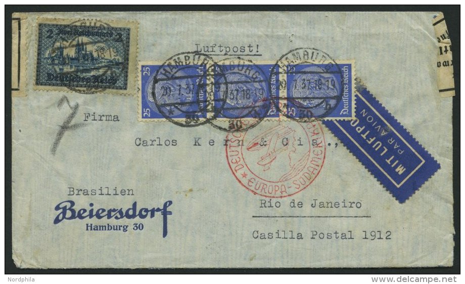 Dt. Reich 440,522 BRIEF, 1937, 2 M. Alt-Köln Mit 3x 25 Pf. Hindenburg Auf Flugpostbrief Nach Rio De Janeiro, R&uuml - Oblitérés