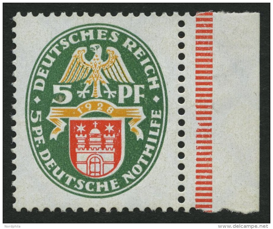 Dt. Reich 425X **, 1928, 5 Pf. Nothilfe, Wz. Stehend, Rechtes Randstück, Postfrisch Pracht, RR!, Fotoattest H.D. Sc - Oblitérés