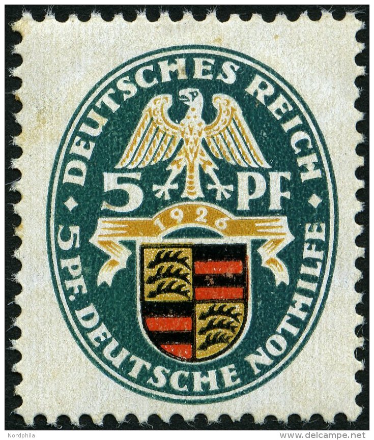 Dt. Reich 398X **, 1926, 5 Pf. Nothilfe, Wz. Stehend, Ein Paar Stockpunkte, Feinst, Mi. (2000.-) - Oblitérés