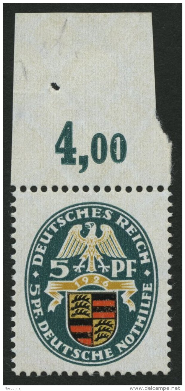 Dt. Reich 398X **, 1926, 5 Pf. Nothilfe, Wz. Stehend, Oberrandstück, Postfrisch Pracht, R!, Signiert Bartels Und Fo - Oblitérés