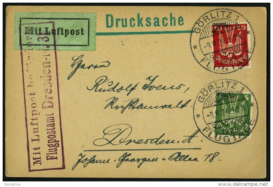 Dt. Reich 344/5 BRIEF, 1924, 5 Und 10 Pf. Holztaube Auf Luftpostdrucksache Mit Sonderstempel GÖRLITZ FLUGTAGE Und L - Oblitérés