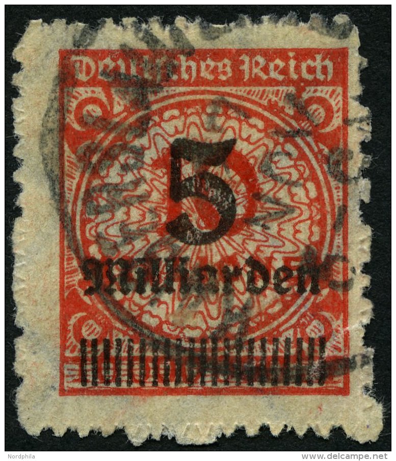 Dt. Reich 334B O, 1923, 5 Mrd. Auf 10 Mio. M. Zinnober, Durchstochen, Feinst (rechts Kl. Einriß), Gepr. Dr. Oechsn - Oblitérés